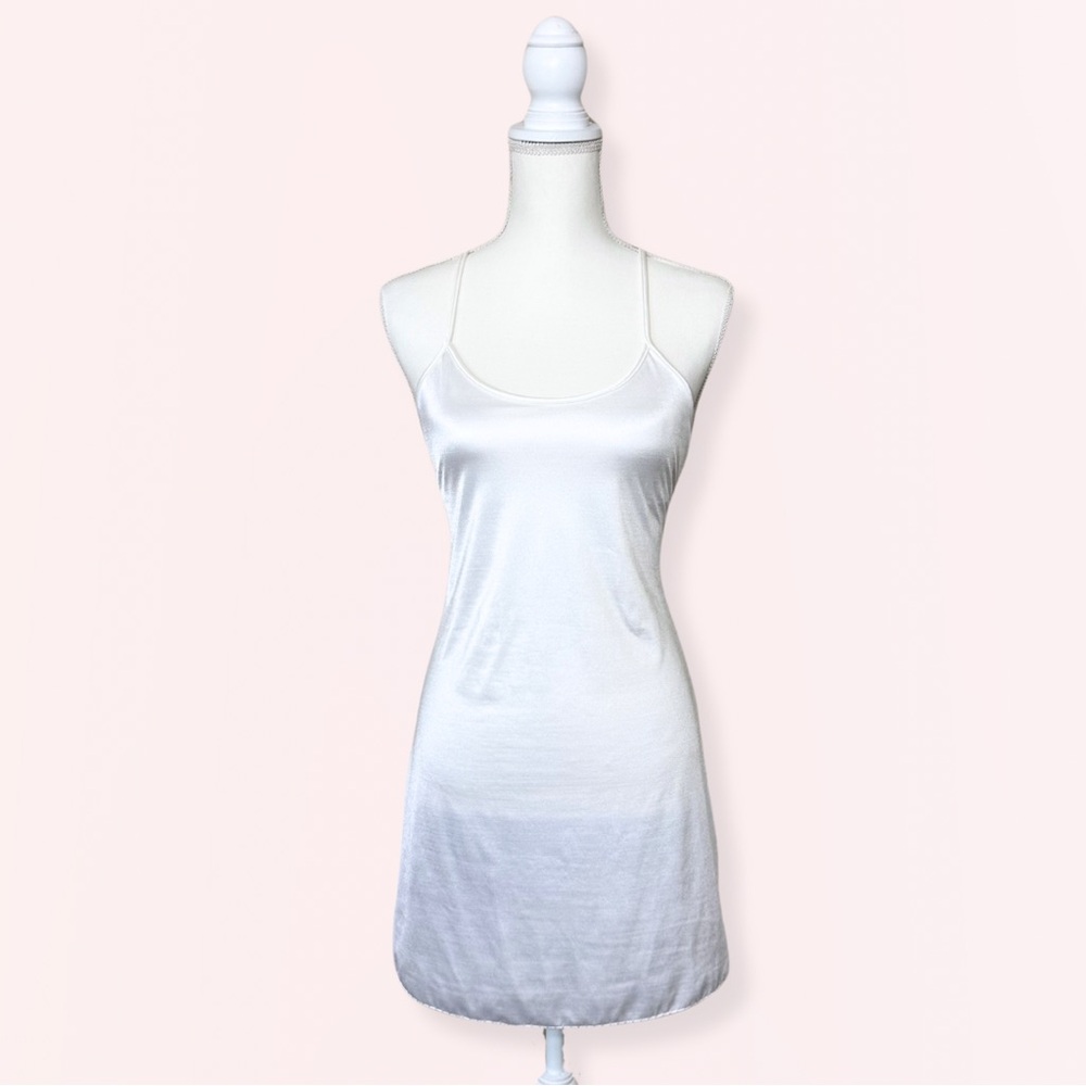 Vintage Cabernet Ivory Slip Dress – Size Medium, 1970s Shimmer Satin Lingerie